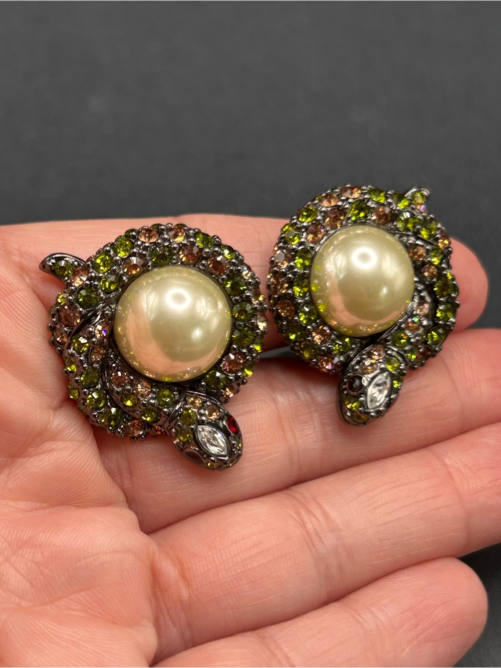 Kenneth Jay Lane KJL Crystal Encrusted Faux Pearl Snake Clip On Earrings
